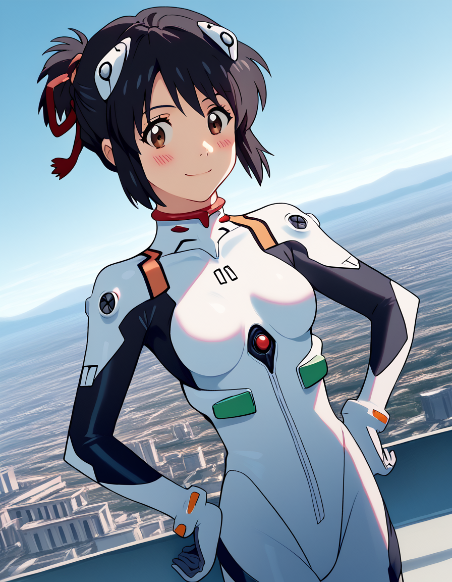 score_9, score_8_up, score_7_up, source_anime, mitsuhamiyamizu, <lora:mitsuha-miyamizu-ponyxl-lora-nochekaiser:1>, mitsuha miyamizu, black hair, brown eyes, short hair, ribbon, hair bun, hair ribbon, red ribbon,, <lora:rei-ayanami-cosplay-ponyxl-lora-nochekaiser:1>, reiayanamicosplay, ayanami rei \(cosplay\), bodysuit, headgear, plugsuit, white bodysuit,, outdoors, cityscape, smile, blush, hands on hips,, cowboy shot, dutch angle, solo,
