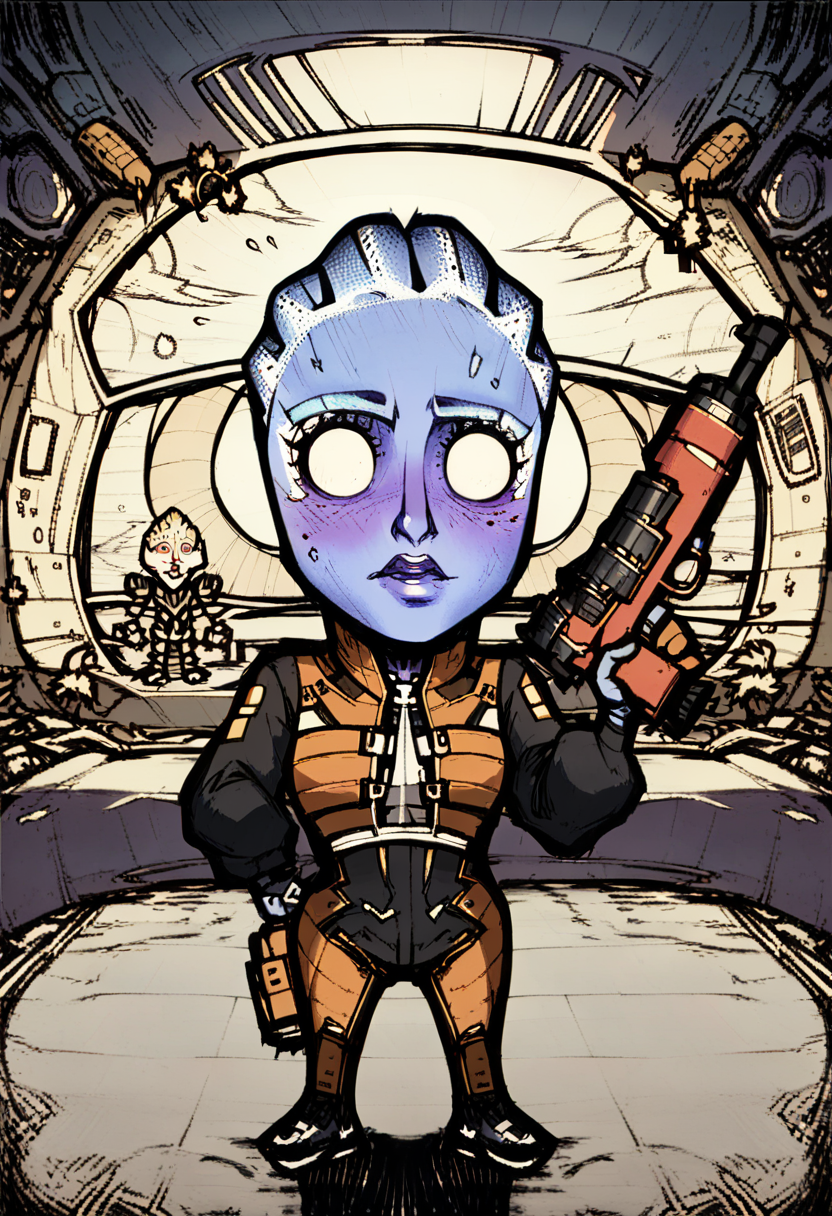 1girl, solo, blue skin, liara t'soni, chibi, holding blaster gun in one hand, eyes looking at viewer, white battle sweatsuit with blue elements,  standing inside spaceship , indoor,  metallic walls ,  <lora:dontstarvestyleV2:1.4> blank eyes,  dontstarvestyle,, score_9, score_8_up, score_7_up,