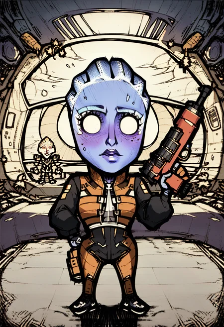 1girl, solo, blue skin, liara t'soni, chibi, holding blaster gun in one hand, eyes looking at viewer, white battle sweatsuit with blue elements, standing inside spaceship , indoor, metallic walls , <lora:dontstarvestyleV2:1.4> blank eyes, dontstarvestyle,, score_9, score_8_up, score_7_up,
