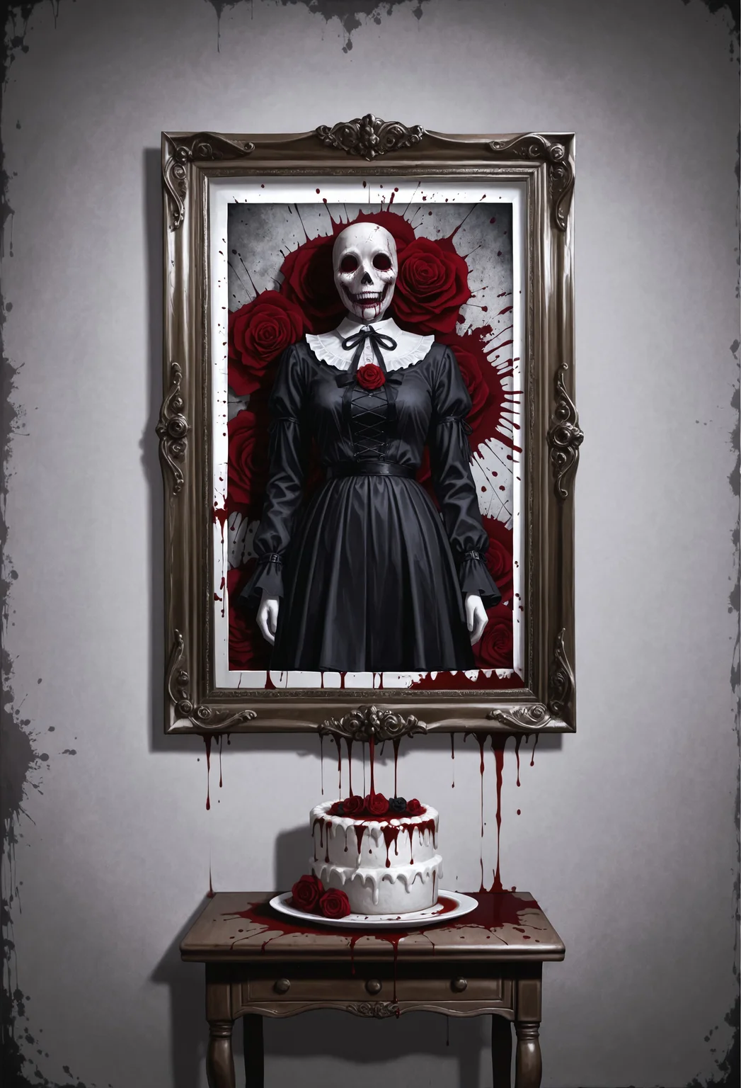 masterpiece, best quality, Dark web, professional photographic, ultrarealistic, gothic, horror, ((no humans)), white cake, three tiers, traditional rose piping, splattered with blood, grainy vintage photo, blood splattered on the picture