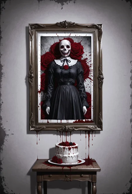 masterpiece, best quality, Dark web, professional photographic, ultrarealistic, gothic, horror, ((no humans)),  white cake, three tiers, traditional rose piping, splattered with blood, grainy vintage photo, blood splattered on the picture