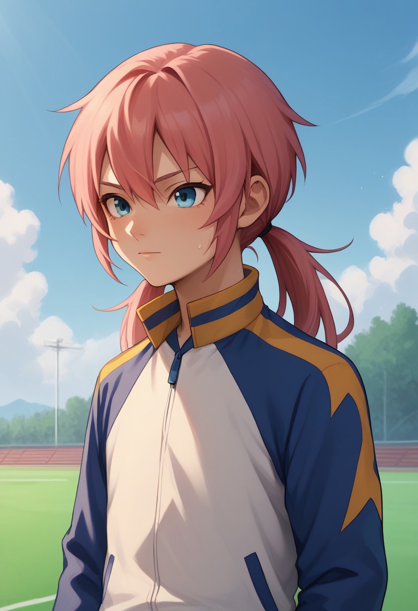 score_9, score_8_up, score_7_up, source_anime, highly detailed, 
kirino, 1boy, male focus, solo, pink hair, twintails, long hair, blue eyes, sportwear, raimon, jacket, track jacket, track suit, upper body, sweat, 
outdoor, sky, cloud