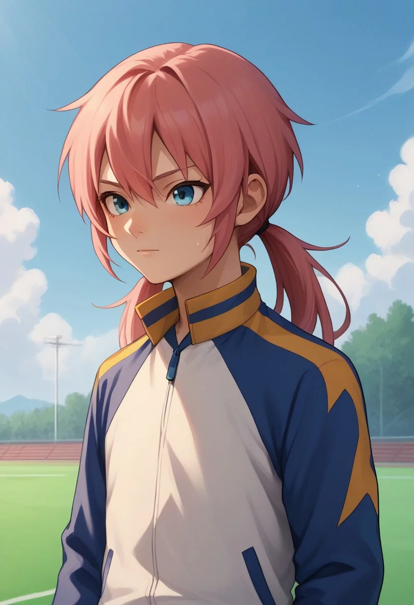 score_9, score_8_up, score_7_up, source_anime, highly detailed,
kirino, 1boy, male focus, solo, pink hair, twintails, long hair, blue eyes, sportwear, raimon, jacket, track jacket, track suit, upper body, sweat,
outdoor, sky, cloud