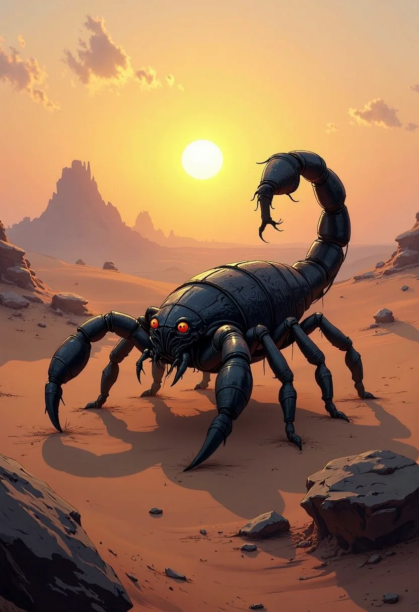As the sun sets over the desert, a lone yfg-bgy scorpion-like creature stirs from its slumber, its tail twitching ominously as it prepares to hunt.
