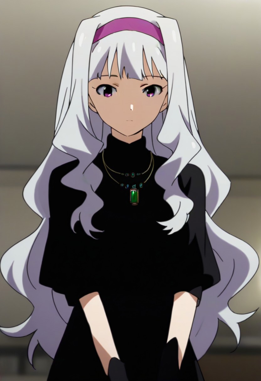 source_anime, uncensored, nsfw, <lora:Takane_Shijou_The_iDOLMSTER_2011_anime_art_style:.8>1girl, solo, grey hair, long hair, purple eyes, breasts, Takane black dress with green brooch outfit , purple hairband, jewelry, necklace, pendant, dress,