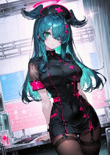 zPDXL3 Real score_9, score_8_up, score_7_up, score_6_up source_anime, highly detailed, sharp, intricate details, rating_safe rating_sensitive, rating_explicit, masterpiece, best quality, good quality, bright eyes light particles lens flare amazing quality, very aesthetic, very awa, absurdres, newest,
<lora:yoneyamaiXLNBVP1lokrV6311PZ:0.5>, <lora:NARUEforill:0.5>
<lora:nhl-001:0.4> nhl-001 film grain multicolored background <lora:ponyv4_noob1_2_adamW:0.4>
medium breasts, dynamic pose, dynamic angle,
optical illusion, ssambatea, quasarcake, Fishine, arutera, soresaki, reoen, sanbonzakura, askzy, negative space, see-through, made of, neon light, detailed background,
niji-pendora,large breasts,heterochromia,green eye,symbol pupils,+_+,blue-green hair,streaked hair,head wings,long hair,hair ornament,x hair ornament,hair over one eye,covered one eye,
indoors, (nurse:1.2), (angel halo), (angel wings), hospital, tights
<lora:niji-elira:0.7>