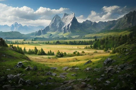 a photorealistic landscape with very close high mountains across the horizon, with lots of fields, woods and meadows stretching out before them and with a fortified town inside of them, ultra realistic, highly detailed, RAW photo, (masterpiece:1.3), subsurface scattering, heavy shadow, professional photography