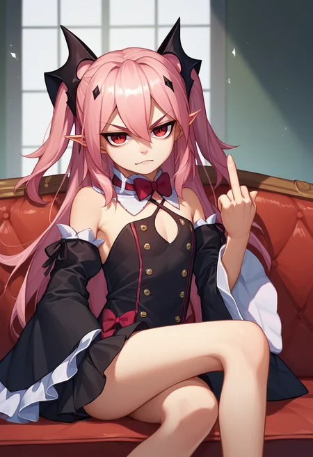 score_9, score_8_up, score_7_up, source anime, Krul, two side up, pink hair, red eyes, pointy ears hair ornament, bowtie, detached sleeves, detached collar, black dress, black skirt, sitting, looking at you, couch, middle finger, <lora:Krul Lora-000009:1>