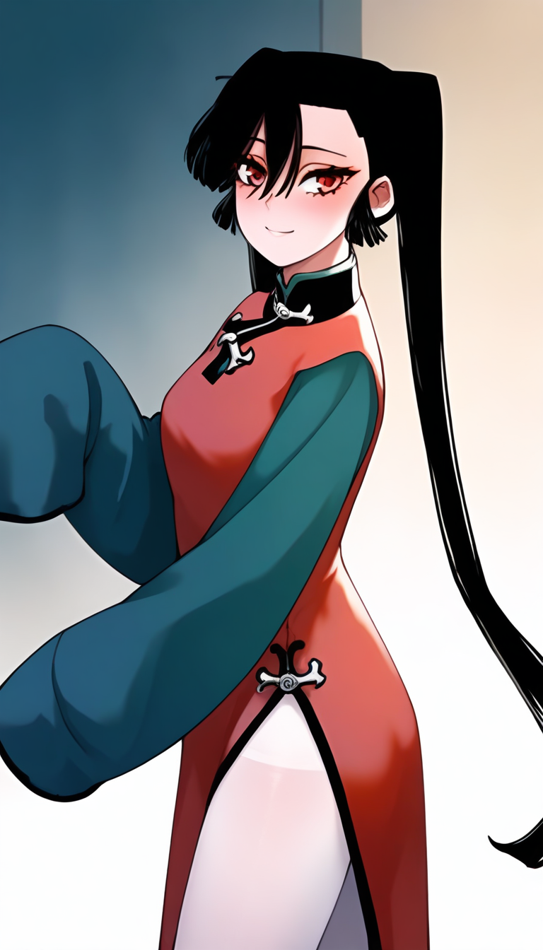 <lora:hudasheng:1>,hudasheng,1girl,long hair,red eyes,solo,long hair,black hair,hair between eyes,ponytail,pigtails,white_pantyhose,china_dress,red china_dress,long sleeves,green long sleeves,
standing,looking at viewer,smile,blush,light_blush,full_shot,from_side,, masterpiece,best quality,amazing quality,