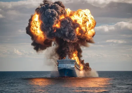 <lora:Explosion Artstyle - Trigger is Explosion Artstyle:1> Abandoned cruise ship drifting listlessly in the pacific ocean, explosion artstyle.