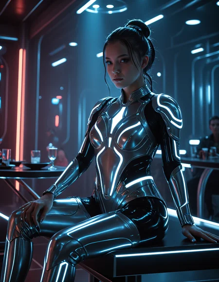 cinematic film still a woman in a futuristic suit sitting on a table in a room with neon lights and a neon light [20],soft cinematic lighting,ultra detailed,<lora:Mitsu-Cyberpunk:1>,Ai-Mitsu,cyberpunk art,<lora:Princess-SDXL:1>,Charlie Bowater princess,realistic,hyper-detailed, . shallow depth of field, vignette, highly detailed, high budget, bokeh, cinemascope, moody, epic, gorgeous, film grain, grainy