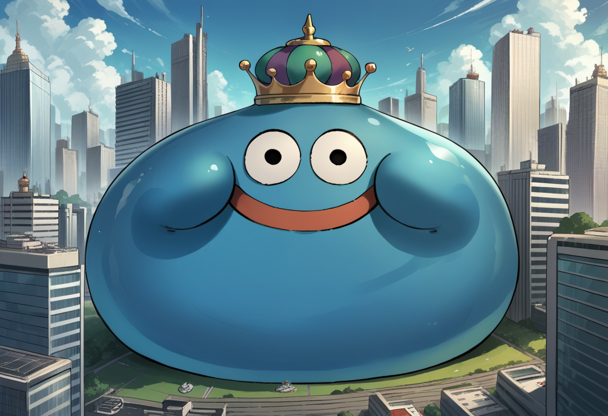 score_9, score_8_up, score_7_up, source_anime, no humans, solo, giant, <lora:SlimeDQ-pdxl:1> dqking, slime \(creature\), fat, crown, smile, happy, city, skyscraper