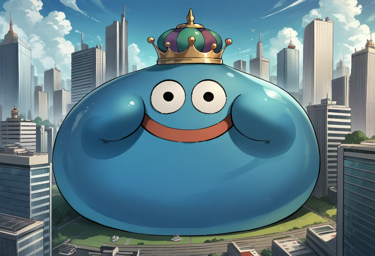 score_9, score_8_up, score_7_up, source_anime, no humans, solo, giant, <lora:SlimeDQ-pdxl:1> dqking, slime \(creature\), fat, crown, smile, happy, city, skyscraper