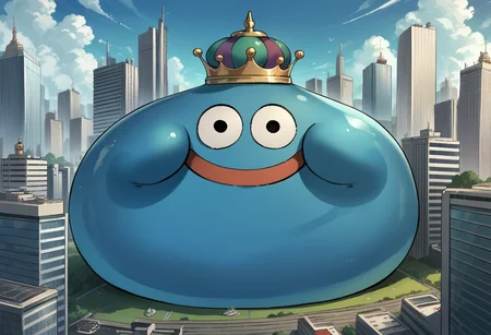 score_9, score_8_up, score_7_up, source_anime, no humans, solo, giant, <lora:SlimeDQ-pdxl:1> dqking, slime \(creature\), fat, crown, smile, happy, city, skyscraper