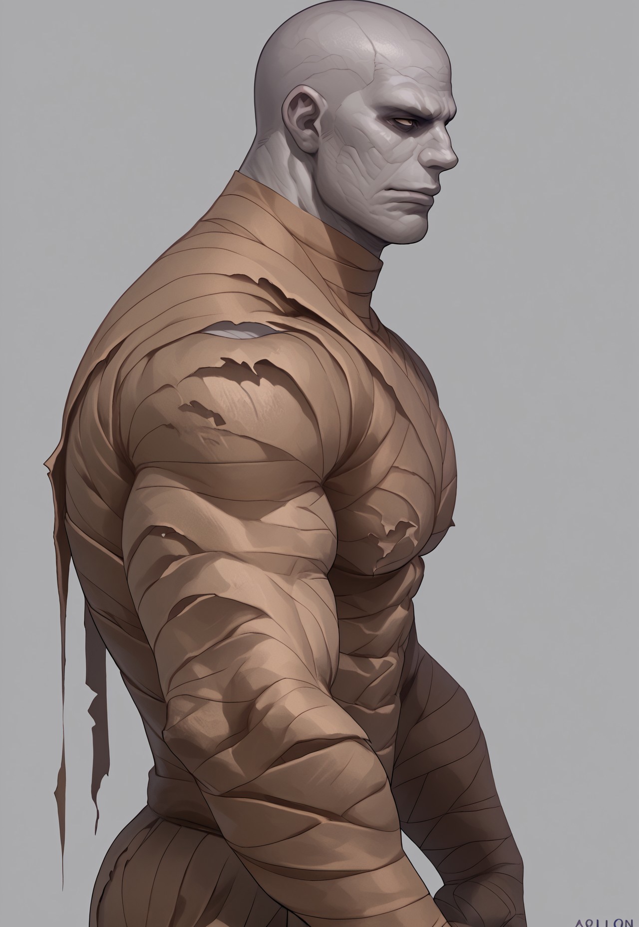 score_9_up, score_8_up, score_7_up, 1boy, fort_mummy, grey skin, bald, blind eyes, torn bandaged body, solo, portrait, calm, bara, muscular, huge muscles, side view,