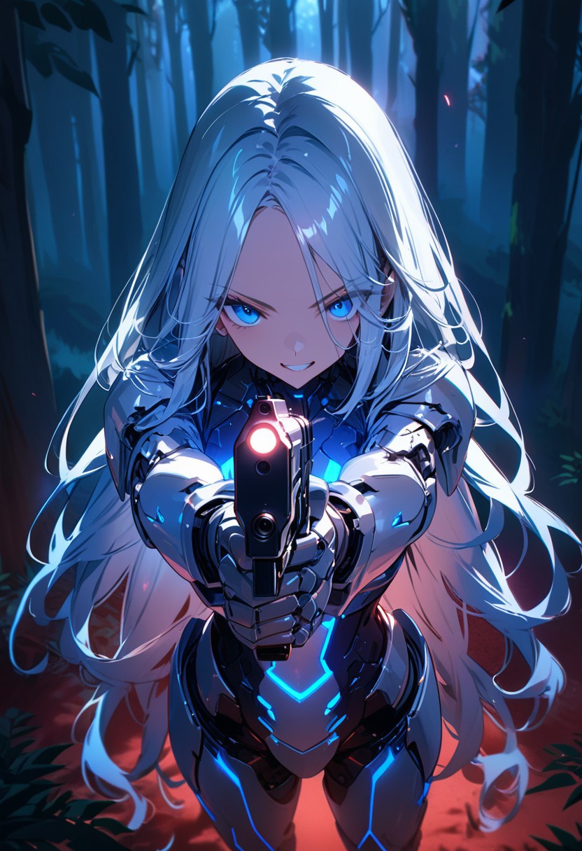 ((masterpiece), (best quality), (ultra-detailed), 
illustration, 3DMM,
1woman, absurdres, deep blue eyes, blue hair , very long hair, forehead,  looking at viewer, trees, night,  forest, futuristic,  hand prosthesis, scifi , lrg prosthesis, glossy, armor, cyborg,  perfect body, golden and red glow,  mechanical joints, standing,
chiaroscuro shading,handgun,  
aiming a gun, curly hair,
action shot, aiming, holding gun, maneuver, very aesthetic, ultra high res, upper body, aiming at viewer, insane face , evil grin,
 ,red neon, prostheses, cyber prostheses,  drone shot above, viewer looking from above)