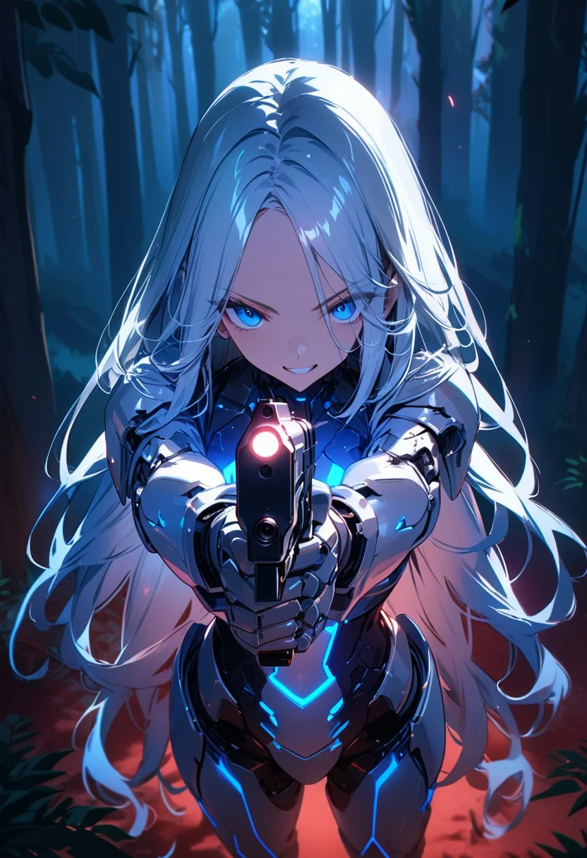 ((masterpiece), (best quality), (ultra-detailed),
illustration, 3DMM,
1woman, absurdres, deep blue eyes, blue hair , very long hair, forehead, looking at viewer, trees, night, forest, futuristic, hand prosthesis, scifi , lrg prosthesis, glossy, armor, cyborg, perfect body, golden and red glow, mechanical joints, standing,
chiaroscuro shading,handgun,
aiming a gun, curly hair,
action shot, aiming, holding gun, maneuver, very aesthetic, ultra high res, upper body, aiming at viewer, insane face , evil grin,
,red neon, prostheses, cyber prostheses, drone shot above, viewer looking from above)