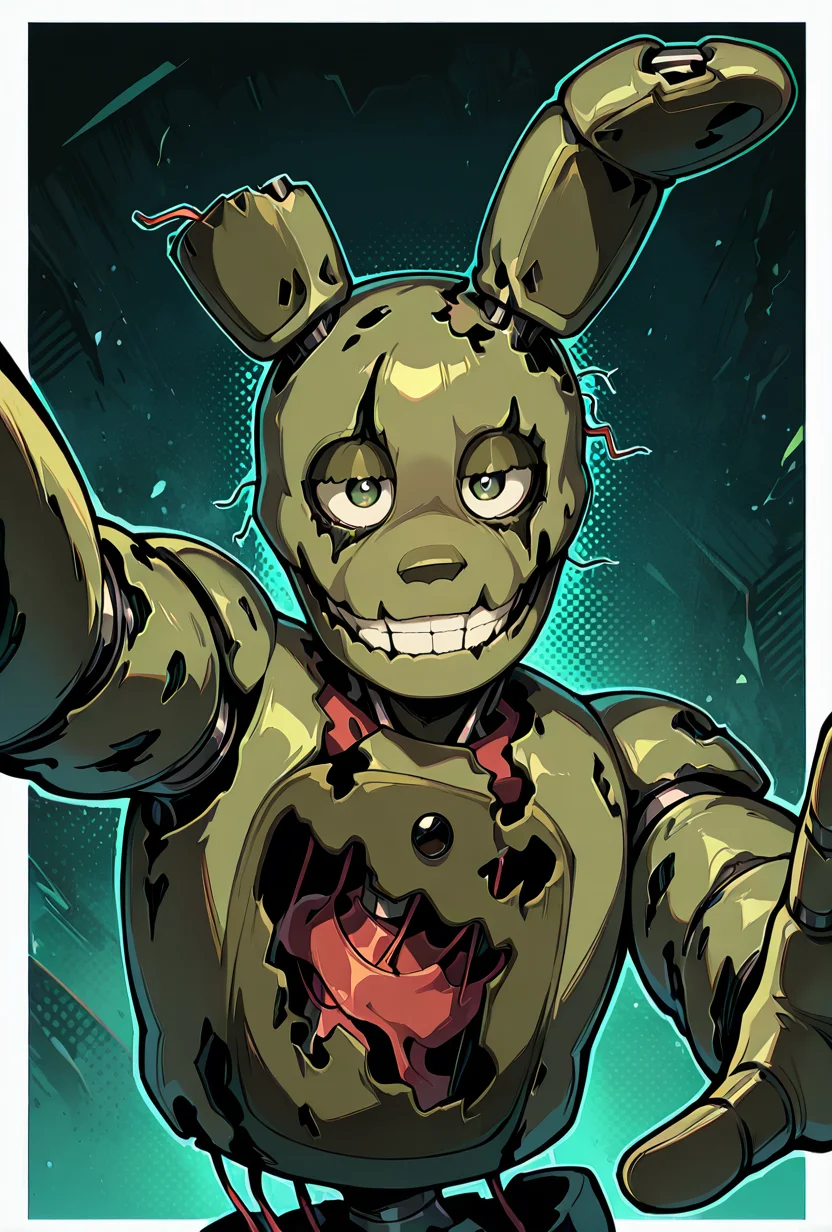 <lora:springtrap-09:1> springtrap, robot, teeth, rabbit ears, mechanical parts, animatronic, green skin, round head, , damaged, dark green background, closed mouth, reaching out, looking at viewer, masterpiece, best quality, amazing quality, very aesthetic, absurdres, newest,, upper body, halftone effect, white borders, abstract background:1.2,