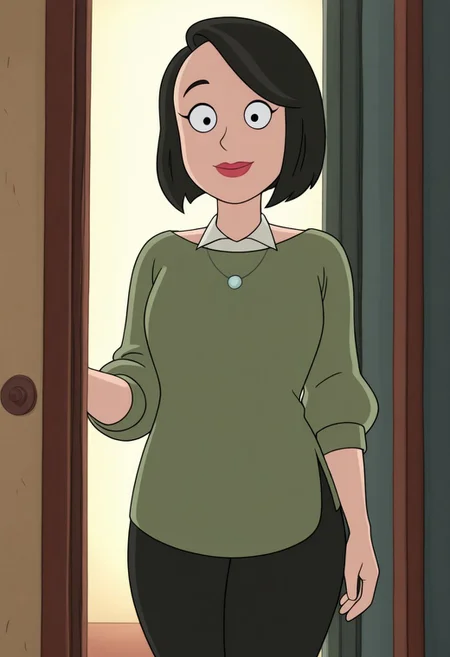 mrsparkILL, 1girl, solo, mature female, black hair, short hair, green sweater, jewelry, necklace, black eyes, red lipstick, bangs masterpiece, best quality, newest, absurdres, highres, amazing quality, 4k, good lighting, high resolution, glossy skin, 1girl, solo, standing, facing viewer, smiling,