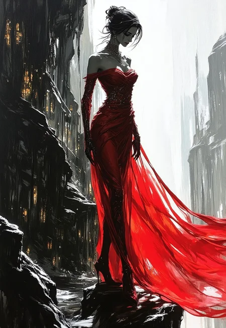 Create this dramatic impasto artwork with a touch of abstract expressionism: a woman with a symmetrical beautiful face, blight skin, wearing a vibrant, flowing red dress standing on a perilous-looking cliff edge. The dress has dramatic ruching and draping that accentuates her figure, giving the impression of both elegance and vulnerability. The stark contrast between the woman's striking red attire and the dark, rocky surroundings creates a sense of tension and drama. The woman's eyes are downcast, adding to the sense of emotional weight and mystery. Overall, the painting evokes a powerful sense of narrative, suggesting a story or emotional state waiting to be explored.
The painting with a focus on detailed textures and dramatic lighting features a monochromatic scheme, primarily with shades of black, white, and gray.
Concept art, digital art, digital painting, matte painting, megascans.