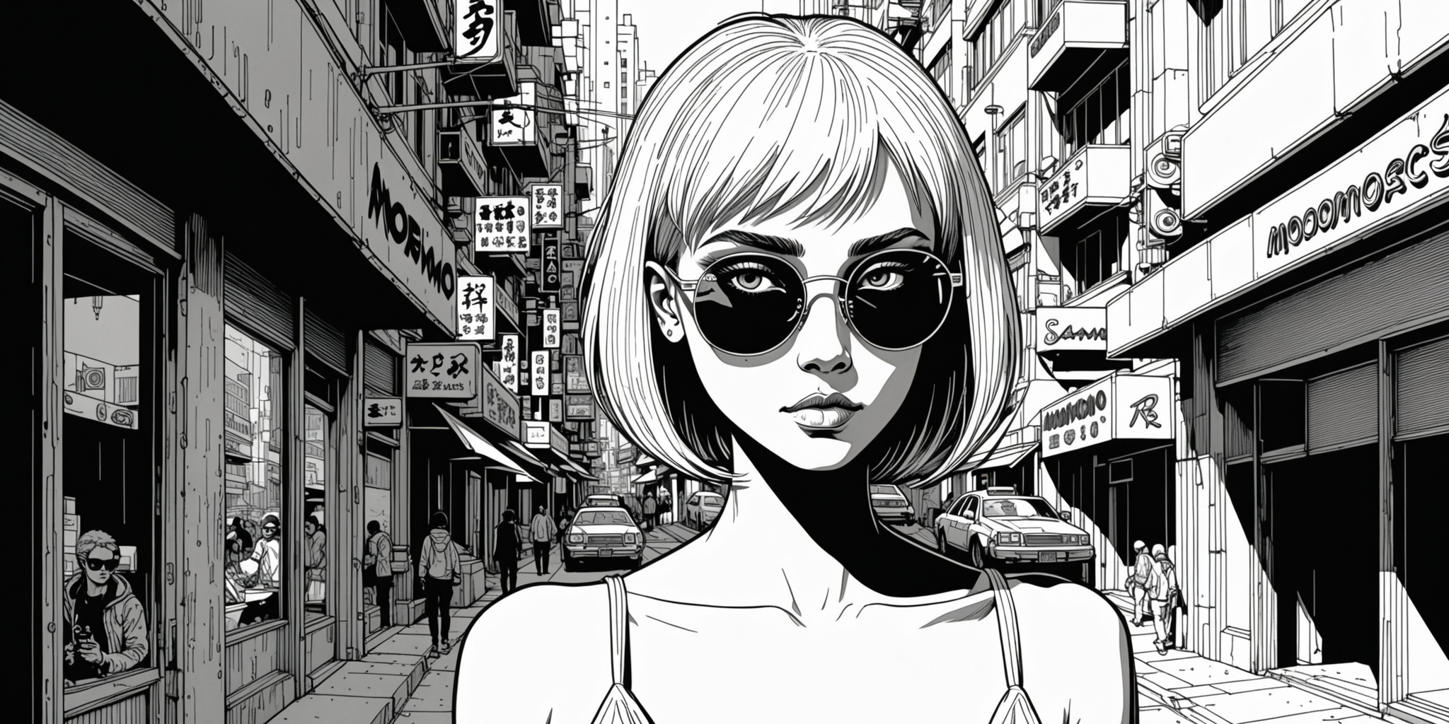 lineart illustration of a hyper-detailed cyberpunk city center by moebius rendered in ink and paper, (in the center of the frame is a beautiful momo with an a-line haircut, looking like she just walked out of a tattoo parlor), (wearing ray-bans with modern clothes), (she sticks out like a sore thumb)rainbow punk princess ((masterpiece)), ((best quality)), solo, 1girl, mascara, makeup, (white sclera) masterpiece, best quality, 1girl,solo   <lora:eGirls_XL_v1:0.9> <lora:LineAniRedmondV2-Lineart-LineAniAF:0.6>