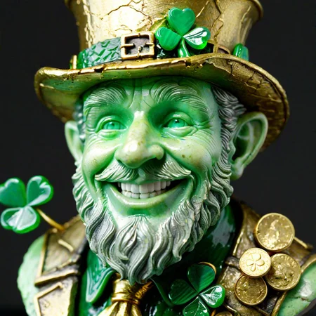 hyperrealistic, intricate, macro shot, leprechaun, bust, gleaming, emerald, jade, peridot, malachite, quartz, weathered skin, mischievous grin, gold coins, clover
