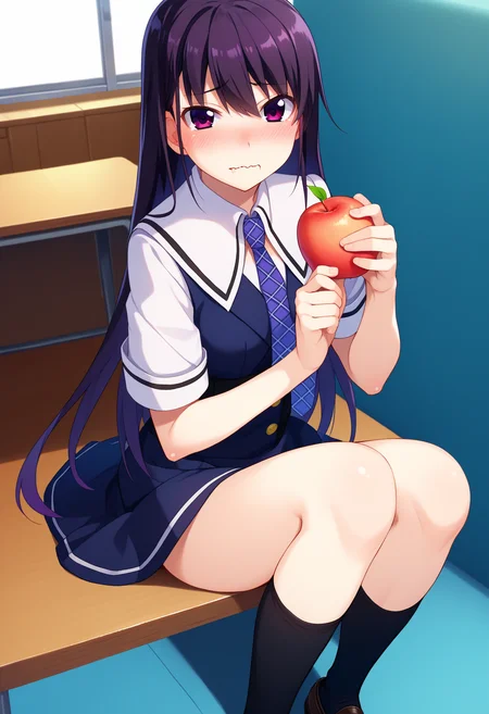 score_9, score_8_up, score_7_up, source_anime,
BREAK
1girl, solo,
<lora:shiYumikoV1:1>, shiyuvisual, visual_style, long hair, purple eyes, black hair, purple hair,
dress, school uniform, necktie, fruit, holding fruit,
black socks, sitting, loafers,
looking at viewer, covering privates, blush, shy, wavy mouth, saliva trail,