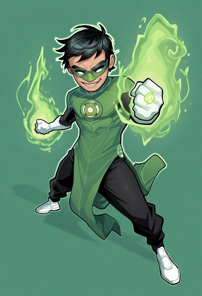 masterpiece, absurdres, high quality, perfect anatomy, 1boy, solo, cute boy, male focus, TaiPham, Black Hair, Green Lantern Ring, Green Lantern Costume, Green and Black Bodysuit, Green Domino Mask, White Eyes, White Gloves, Pelvic Curtain, Black Pants, White Shoes, Glowing Green Outline, Green Energy Aura, floating, levitating, big smile, cinematic, intricately detailed illustration, depth of field, masterpiece, best quality, amazing quality, very aesthetic, absurdres, newest, very awa,  shadow, dynamic angle, casual cosplay, dynamic pose, simple background, green theme, Arwe, Dynamism, Foreshortening