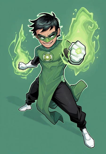 masterpiece, absurdres, high quality, perfect anatomy, 1boy, solo, cute boy, male focus, TaiPham, Black Hair, Green Lantern Ring, Green Lantern Costume, Green and Black Bodysuit, Green Domino Mask, White Eyes, White Gloves, Pelvic Curtain, Black Pants, White Shoes, Glowing Green Outline, Green Energy Aura, floating, levitating, big smile, cinematic, intricately detailed illustration, depth of field, masterpiece, best quality, amazing quality, very aesthetic, absurdres, newest, very awa,  shadow, dynamic angle, casual cosplay, dynamic pose, simple background, green theme, Arwe, Dynamism, Foreshortening