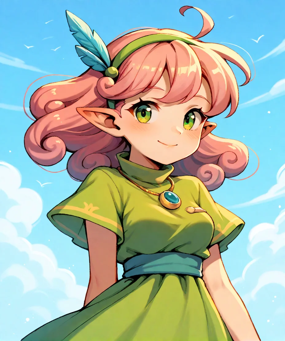 2d, (score_9, score_8_up, score_7_up, score_6_up, score_5_up, score_4_up), cute, looking at viewer, sky, happy
BREAK <lora:windy_PDXL:0.9> p_windy, solo, pink hair, curly hair, long hair, green eyes, pointy ears, green dress, hairband, (feather:0.5), necklace, breasts, (high collar, turtleneck:0.7),