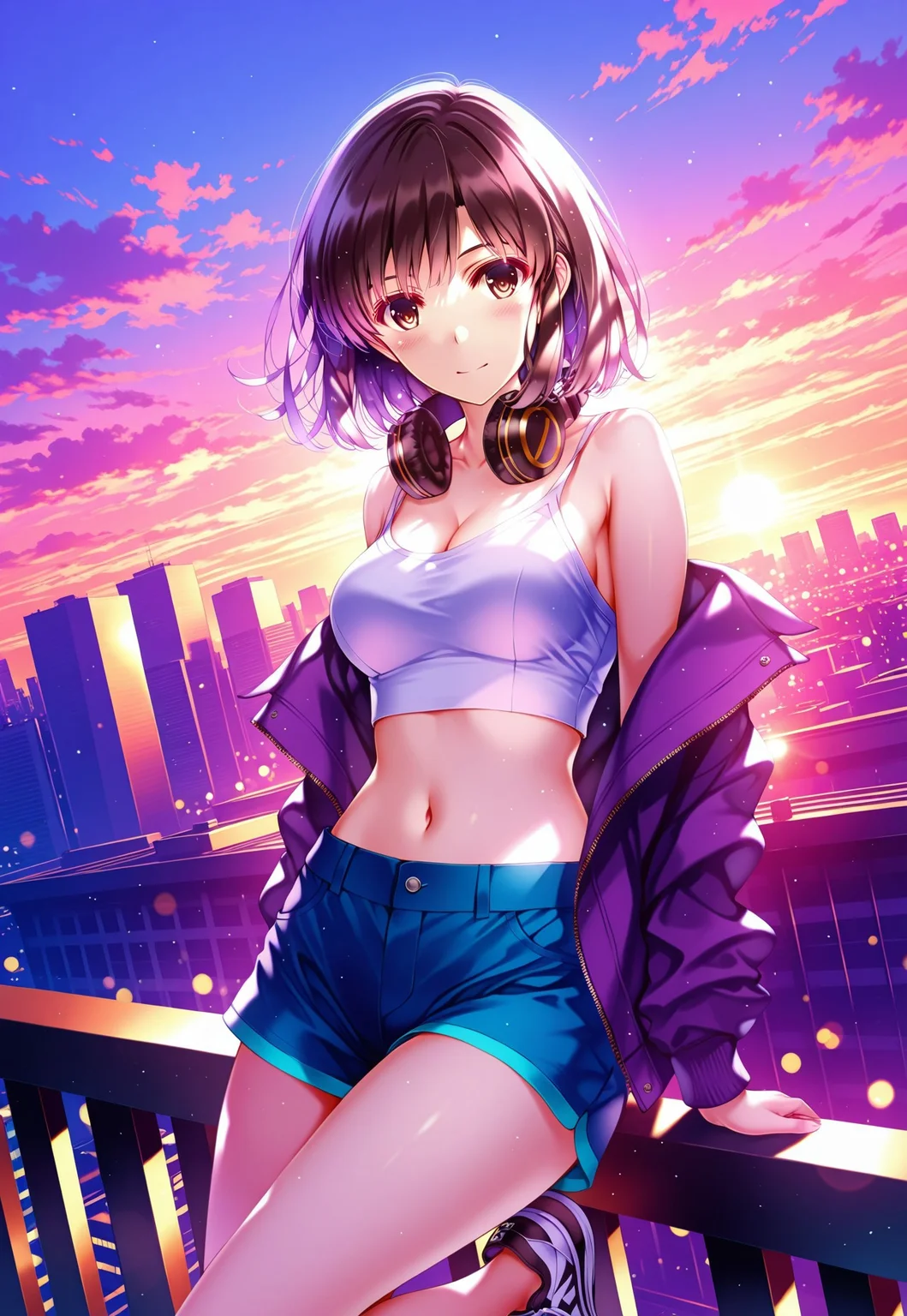 safe_pos, 1girl, solo, misaki kurehito, katou megumi, Megumi,brown hair, bangs,brown eyes, pupils ,medium breasts,short hair,
dynamic view, dutch angle, dynamic angle, cinematic framing, (digital painting:0.8), auralora, (aura:0.2), mythp0rt, bokeh, (luminescent background:0.8), rooftop, sunset, cropped tank top, unzipped jacket, low-rise shorts, navel, light blush, cleavage, wind blown hair, headphones around neck, city skyline, golden hour, sitting on railing, sneakers, wristbands, relaxed pose, soft glow, urban theme , looking at viewer,
elegant, masterpiece, best quality, highly detailed, high contrast, dramatic shadows, raytracing, subsurface scattering,((detailed eyes))