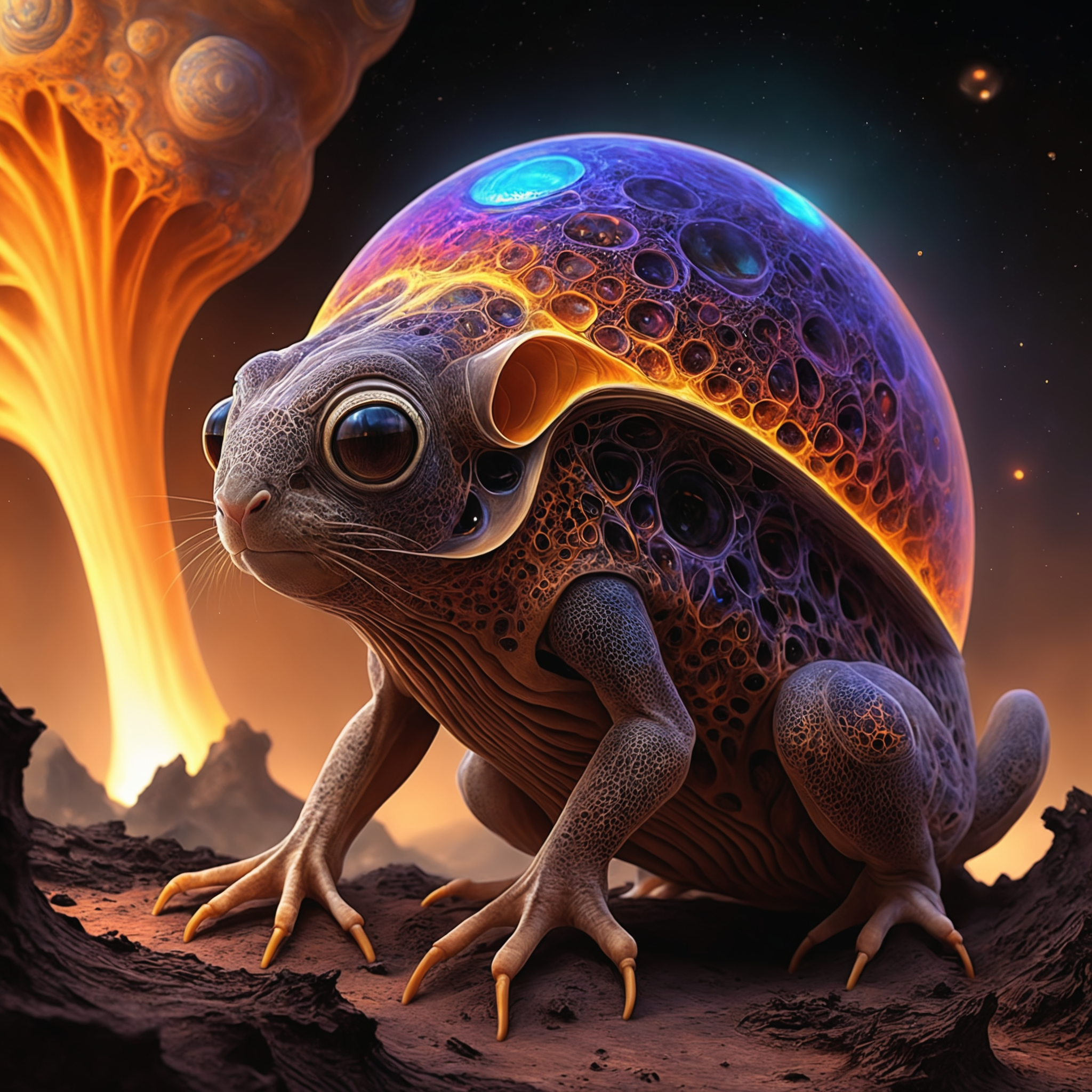 <lora:add-detail-xl:2.0>, famous artwork (by ralph horsley:1.1), (fractal art:1.1), fantasy style, seen here is the wondrous (amphibic:1.2) lop-eared logwart with its zurbled fizzledyme and (sleek, streamlined features:1.2). it prefers to quibble next to one of the colorful and frequently (erupting geysers:1.4) of the dorxed exoplanet blumsnorf
