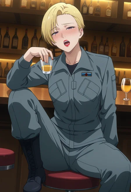 masterpiece, best quality, amazing quality, 1girl, solo, heidemarieww, mature female, purple eyes, blonde hair, short hair, lipstick, red lips, toned, small breasts, military uniform, grey jacket, black shirt, grey pants, black boots, <lora:Barrow_Heidemarie_Bravern_ill:0.9>, sitting, alcohol, drunk, wineglass, holding wineglass, blush, open mouth, narrowed eyes, looking at viewer, indoors, bar \(place\), bar stool, skindentation, detailed clothing folds, depth of field, sharp, high contrast, dynamic light
