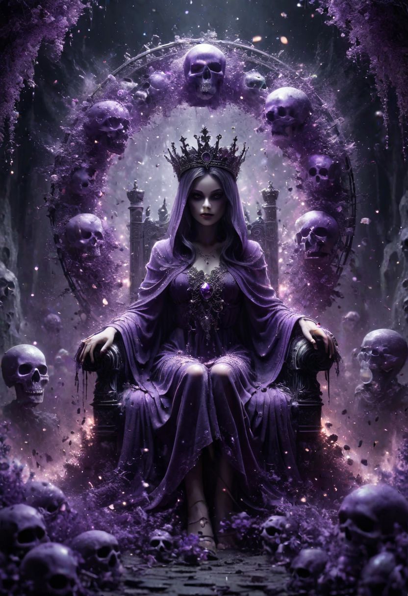 Digital art, concept art. the Queen of the Undead sits upon a Throne of skulls in a gloomy realm. Clad in purple dark toga with silver ornaments and draped in canvas hoods, she exudes both seduction and danger. Faded flowers surround her, contrasting with her chilling presence. A glowing magical circle pulsates at her feet, bending the elements to her will. Her eyes, twin orbs of ethereal radiance, convey a depth of darkness and power that warns of impending doom to all who dare oppose her. Bokeh blur. Colorful. BadDream, DEVIL SPAWN, ais-darkpartz, OverallDetail,