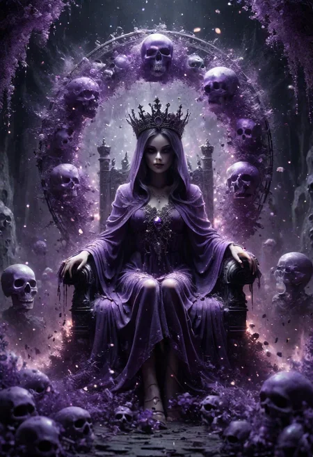 Digital art, concept art. the Queen of the Undead sits upon a Throne of skulls in a gloomy realm. Clad in purple dark toga with silver ornaments and draped in canvas hoods, she exudes both seduction and danger. Faded flowers surround her, contrasting with her chilling presence. A glowing magical circle pulsates at her feet, bending the elements to her will. Her eyes, twin orbs of ethereal radiance, convey a depth of darkness and power that warns of impending doom to all who dare oppose her. Bokeh blur. Colorful. BadDream, DEVIL SPAWN, ais-darkpartz, OverallDetail,