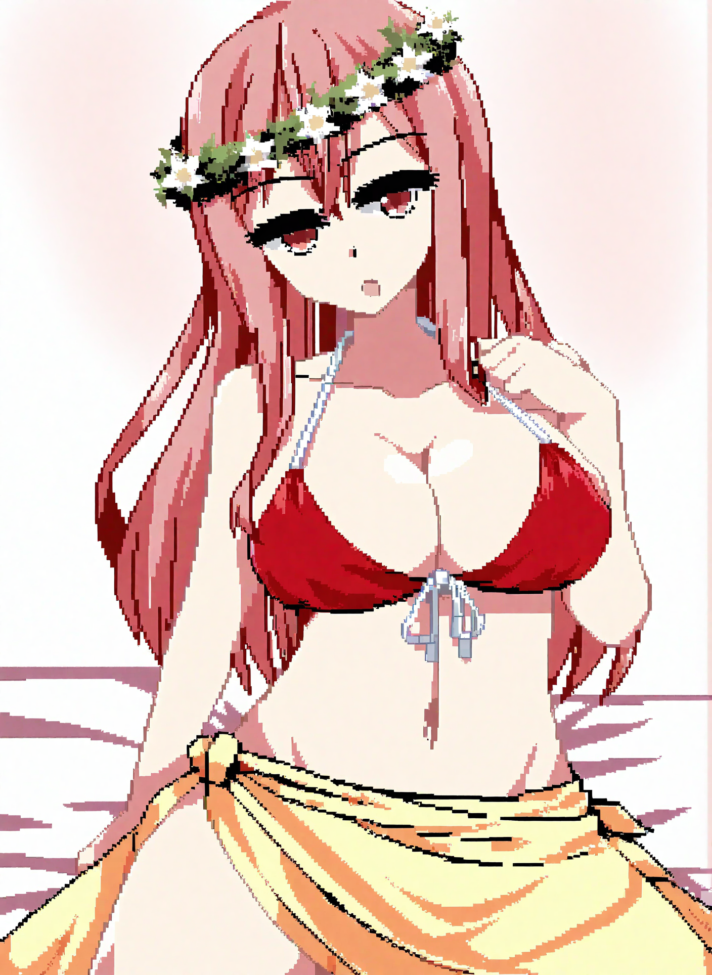 character: Mizuki (ç¾æ) ,(pixel art:0.97), 1girl, solo, lying on bed,spread legs, long hair, pink hair, large breasts,red eyes, white head wreath, :o, yellow sarong, cleavage,collarbone, navel, red bikini, front-tie bikini top,<lora:Mizuki (ç¾æ) v5 (æ­£ååå¾ç¿»è½¬)-000015:1>