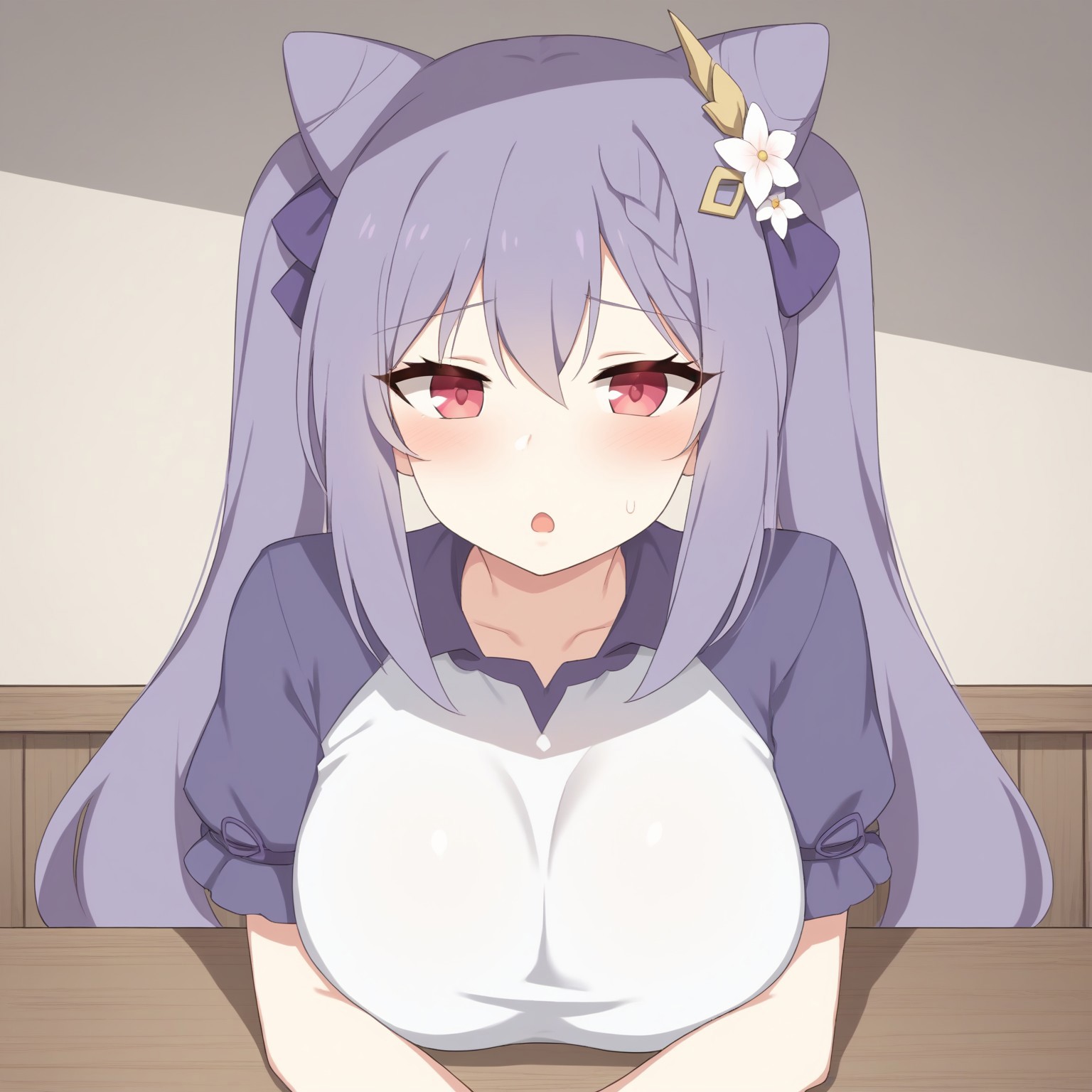  score_9, 1girl, keqing, sitting, looking at viewer, blush, open mouth, elbows on table, 