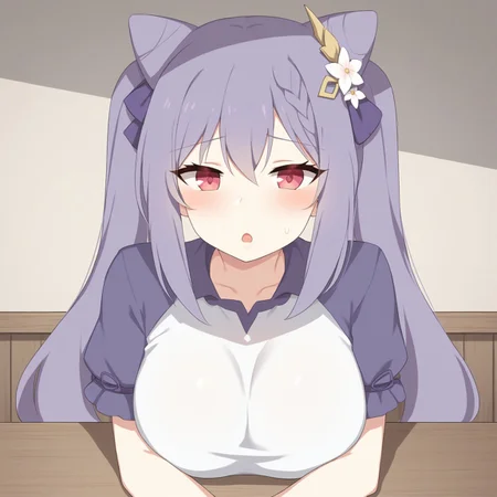 score_9, 1girl, keqing, sitting, looking at viewer, blush, open mouth, elbows on table,