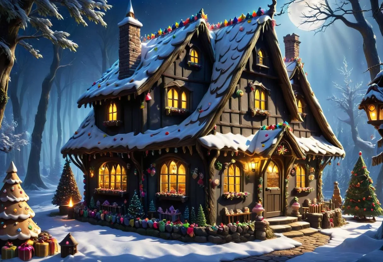 hansel and gretel " witches house", decorated in christmas treats and sweets,