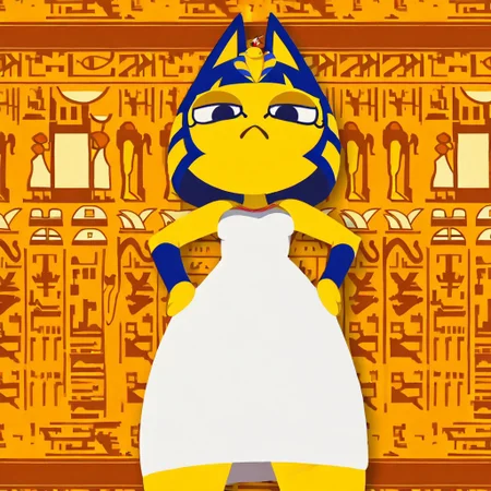 ankhazone, 1girl, cat girl, egyptian, standing, hair ornament, dress, white dress, solo, (hands on hip:1.4)