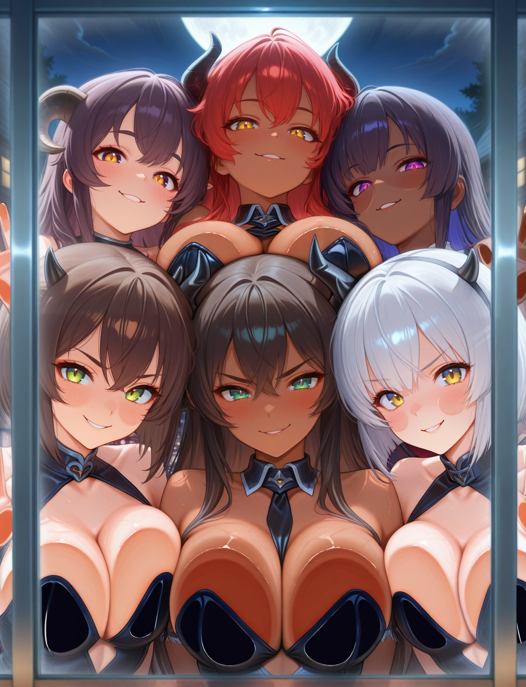 masterpiece,best quality,higres illustration,detailed face,upper body,against glass,4girls,looking at viewer,demon girl,smile,evil smile,night,dark-skinned female,moon,leotard,(demon horns:1.2),