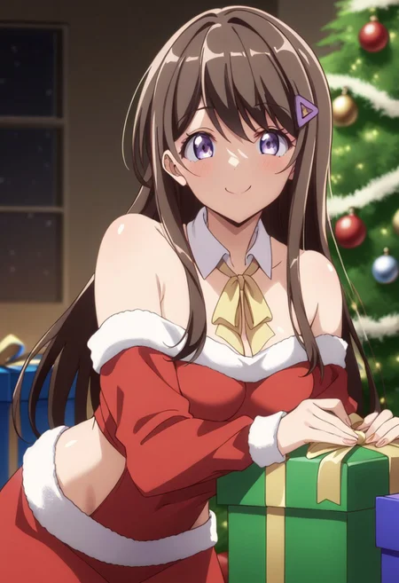 score_9, score_8_up, score_7_up, source_anime, classrep, long_hair, brown_hair, purple eyes, hair_ornament, hairclip, medium breast, shiny skin, santa outfit, christmas, gift, smile, expressive, sexy pose, perfect anatomy