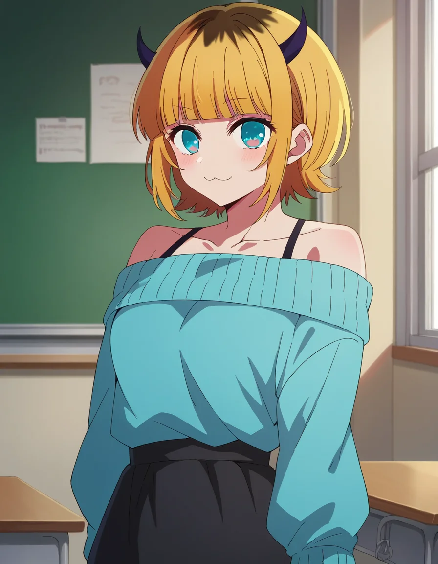 score_9, score_8_up, score_7_up, source_anime,
memcho, <lora:memcho-s1-ponyxl-lora-nochekaiser:1>
memcho, blonde hair, blue eyes, blunt bangs, demon horns, fake horns, horns, short hair,
bare shoulders, black skirt, blue sweater, long sleeves, off shoulder, off-shoulder sweater, puffy sleeves, skirt, sweater, white ribbon,
indoors, classroom, smile,
looking at viewer, dutch angle, cowboy shot
