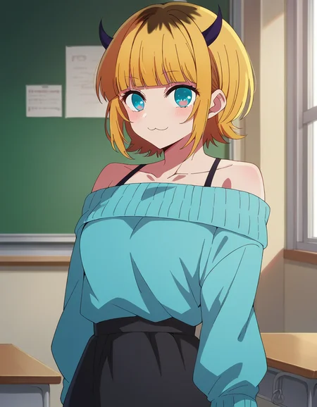 score_9, score_8_up, score_7_up, source_anime,
memcho, <lora:memcho-s1-ponyxl-lora-nochekaiser:1>
memcho, blonde hair, blue eyes, blunt bangs, demon horns, fake horns, horns, short hair,
bare shoulders, black skirt, blue sweater, long sleeves, off shoulder, off-shoulder sweater, puffy sleeves, skirt, sweater, white ribbon,
indoors, classroom, smile,
looking at viewer, dutch angle, cowboy shot