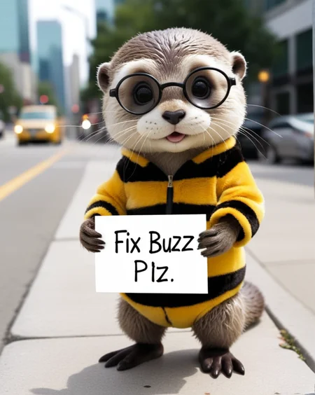 cute baby otter wearing a comically ill-fitting striped fuzzy-bumblebee costume, large round clear glasses with wire frame, (holding sign with text:"fix buzz PLZ":1.4 ), <lora:text2:1.25>, standing on the sidewalk of a busy city,  small jar of boney buy his feet,