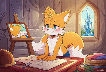 score_9, score_8_up, score_7_up, score_6_up, score_5_up, score_4_up,
Miles Tails Prower the Fox, fox two Tails, g5, 1boy, <lora:Miles_Tails_Prower_Sonic_Character_PonyXL:0.8> , MylesPrower, two tail, fur, anthro, fox boy, Miles Prower, rich colors, crystal castle, Crystal Empire, crystal heart in the center of the square, presents a painting of rabbits and pony, aroused, front view, detailed background, Tails the foxy, solo, detailed, 8k quality, side view, beautiful, teasing, easel and brushes, leaned to the floor, close up, freely actions,