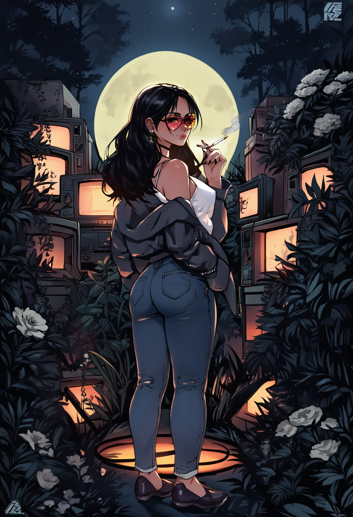score_9, score_8_up, score_8, 1girl, a woman, smile, breasts, cleavage, a jacket, white shirt, jeans, a chocker around her neck,, from behind, looking back at viewer, full body, standing alone, smoking, cigarette in her hand, smoke, dark blue, blush, black flowing hair, black flowers, goth makeup, glasses, earing, black nail polish, a lot of television, retro video game, tv, screen, books, tinted eyewear, round shaped eyewear, outdoors, grass, a forest, leaf, bush, plant, roots, branch, at night, full moon, dark, long hair, solo, drawing, retro, vintage, art, style, Astral Grave <lora:Astral Grave:1.2> <lora:Pony_DetailV2.0:1>