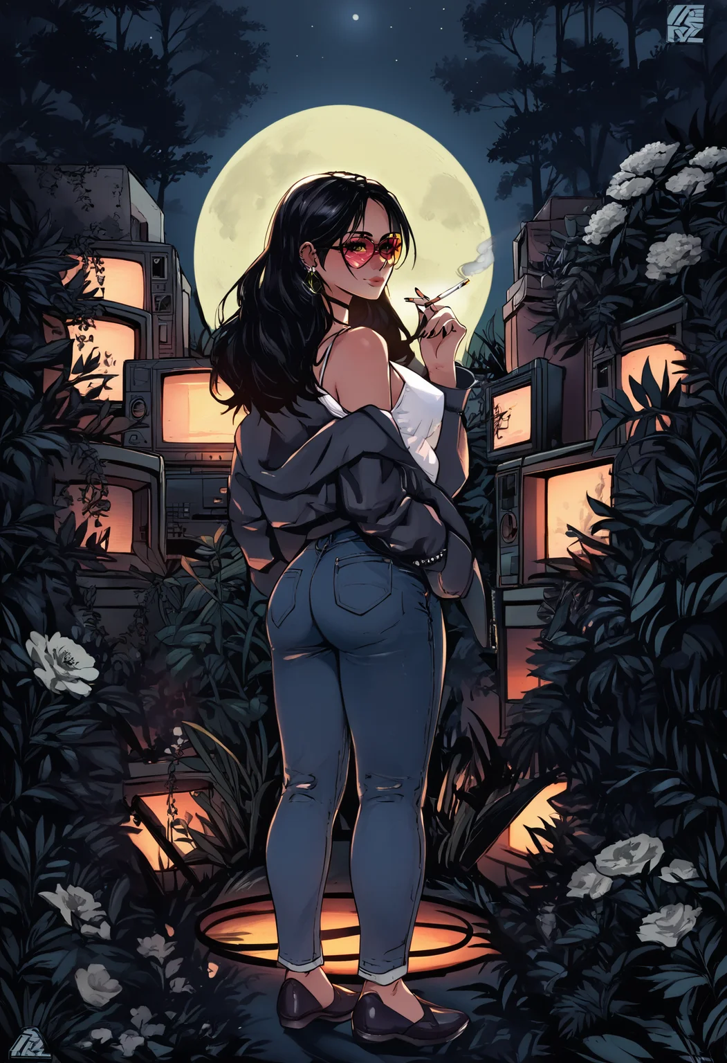 score_9, score_8_up, score_8, 1girl, a woman, smile, breasts, cleavage, a jacket, white shirt, jeans, a chocker around her neck,, from behind, looking back at viewer, full body, standing alone, smoking, cigarette in her hand, smoke, dark blue, blush, black flowing hair, black flowers, goth makeup, glasses, earing, black nail polish, a lot of television, retro video game, tv, screen, books, tinted eyewear, round shaped eyewear, outdoors, grass, a forest, leaf, bush, plant, roots, branch, at night, full moon, dark, long hair, solo, drawing, retro, vintage, art, style, Astral Grave <lora:Astral Grave:1.2> <lora:Pony_DetailV2.0:1>