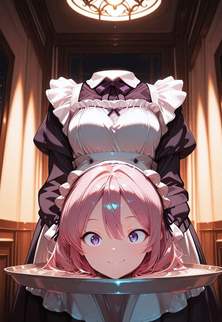 (masterpiece), best quality, amazing quality, very aesthetic, absurdres, newest, cowboy shot, extreme dutch angle, low angle, solo, woman, CivChan, purple eyes, pink hair, maid outfit, headless, puffy sleeves, apron, holds a tray with both hands, disembodied head on tray, head on tray, disembodied head, warm smile, interior, living room, volumetric lighting, cinematic lighting. <lora:CivChan:1> <lora:lightingSlider:-.3> dark, late night, blue hour <lora:add-detail-xl:1> <lora:disembodied_head_smooth_shoulder_V2illust:1> disembodied_head_smooth_shoulder, Smooth Quality