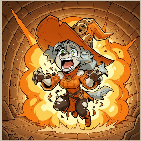 masterpiece, best quality, amazing quality,(detailed background:1),1girl,solo,CeehazStyle, furry, furry female,orinette, grey hair, borzoi,orange clothes,,torn clothes, wizard hat, orange hat,screaming, chibi,green eyes,inside dungeon, explosion behind,<lora:Ceehaz_StyleCharacters_v3 v2:1>